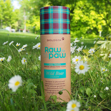 Visa detaljer för Raw for paw Vildsvin - ekologiskt hundgodis Raw for paw vildsvin kommer i en naturfärgad tub med lila och turkos rutigt lock.