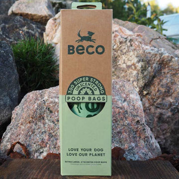 Visa detaljer för 300 bajspåsar, nedbrytbara Beco Nedbrytbara bajspåsar på rulle i pappersförpackning.