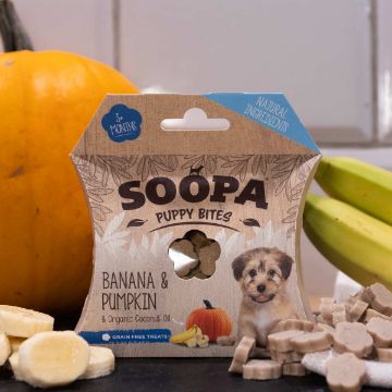Visa detaljer för Banan & pumpa - Soopa Puppy Bites veganskt hundgodis Soopa bites till valpen kommer formade som små blommor.