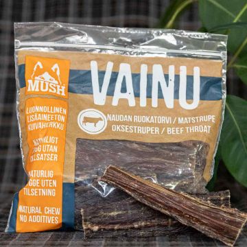 Visa detaljer för Nöt matstrupe MUSH VAINU® Naturligt torkad matsturpe från Mush kommer i strips i lite olika storlekar.