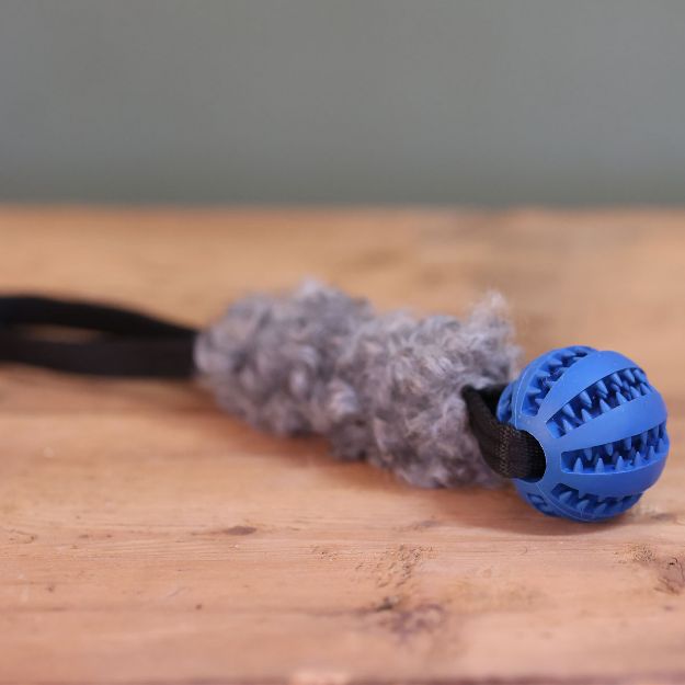Mint hundleksak med blå dentalboll, kort svart handtag och fårskinn på mitten.