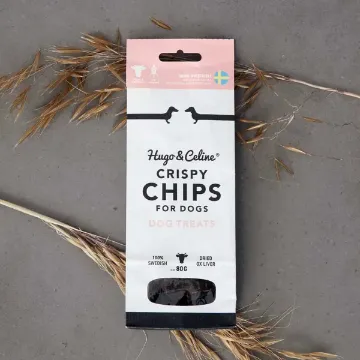 Visa detaljer för Hundgodis Crispy Chips - oxlever Hundgodis från Hugo & Celine i en fin påse.