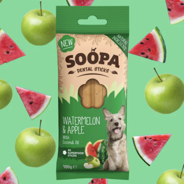 Visa detaljer för Vattenmelon & äpple - Soopa Sticks veganska tuggpinnar, 4-pack Soopa sticks med smak av vattenmelon och äpple