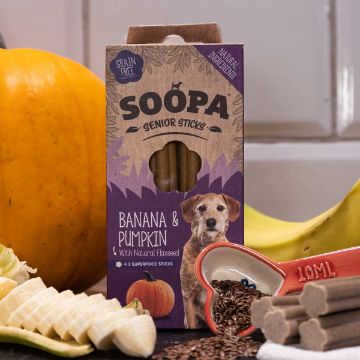 Visa detaljer för Banan & pumpa - Soopa Senior Sticks veganska tuggpinnar, 4-pack Soopa Sticks speciellt för seniorer