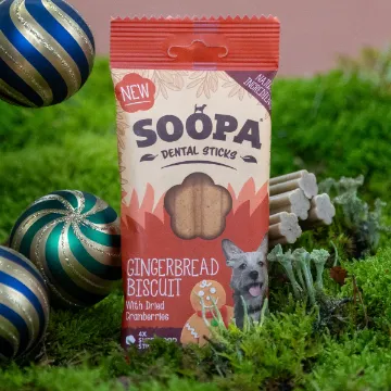 Visa detaljer för Gingerbread Biscuit - Soopa Sticks veganska tuggpinnar 4-pack Tuggpinnar från Soopa.