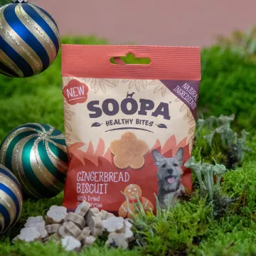 Visa detaljer för Gingerbread Biscuit - Soopa Bites veganskt hundgodis Hundgodis från Soopa, format som blommor.