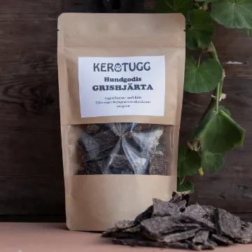 Visa detaljer för KEROTUGG hundgodis - torkat grishjärta Hundgodis grishjärta. Återförslutningsbar påse.