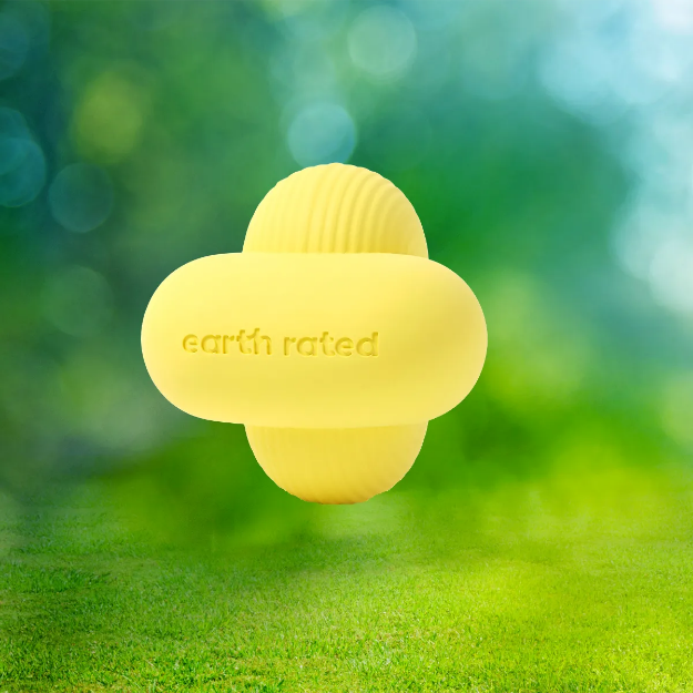 Hundleksak, gul, annolrunda formad boll från Earth Rated