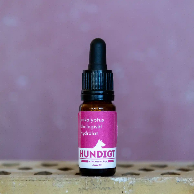 Ekologisk hydrolat eukalyptus kommer i en brun flaska med pipett.