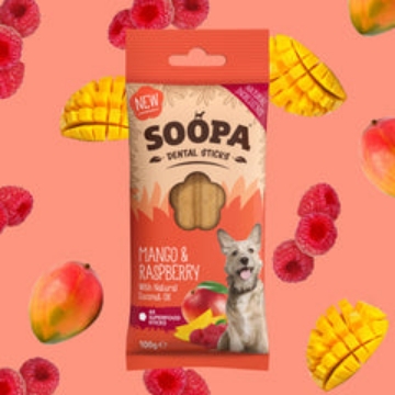 4-pack med Soopa sticks, smak av mango och hallon
