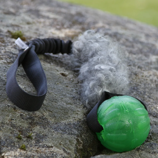 Kira med expanderhandtag, grön boll och grått fårskinn